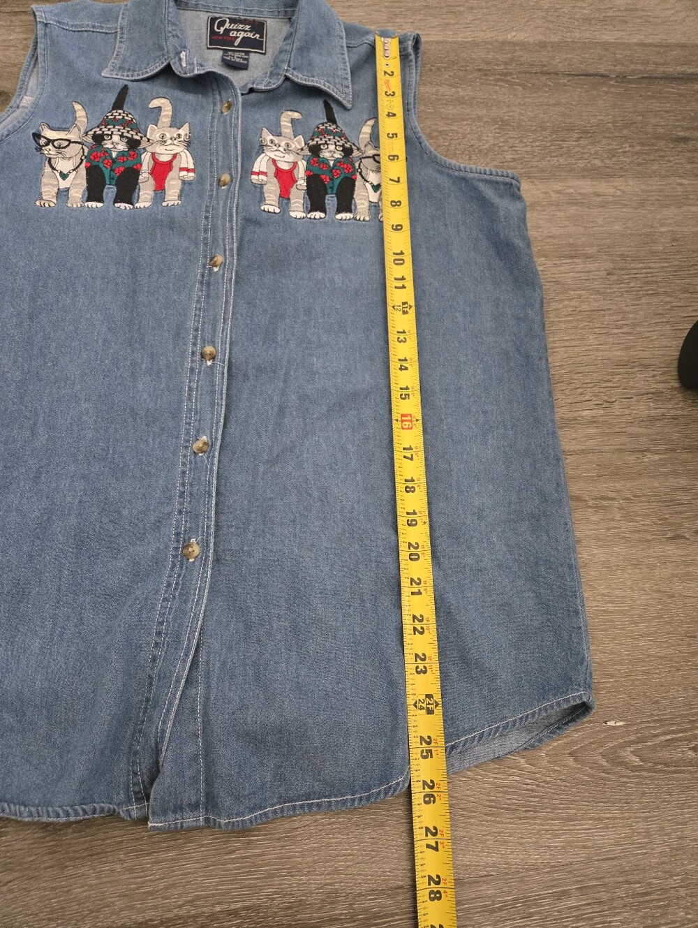 Vintage 90s Cat Lady Embroidered Denim Button Down Cotton Shirt Large Retro Art - Picture 7 of 8